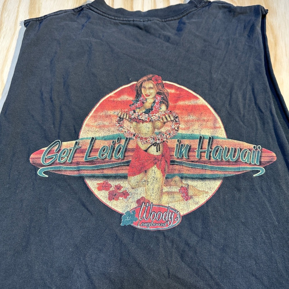 Woody's Longboards Hawaii Muscle Tee XL Black Get Leid Pinup Girl Distressed